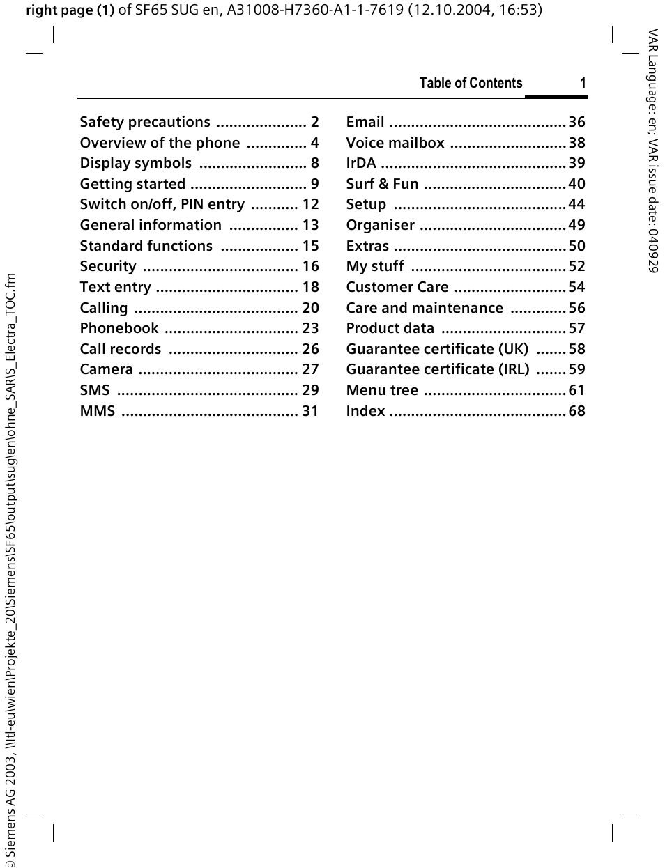 Siemens SF65 User Manual | Page 2 / 71