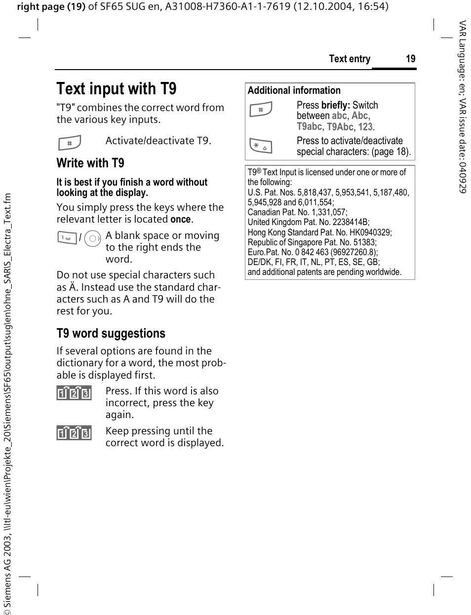 Text input with t9, Write with t9, T9 word suggestions | Siemens SF65 User Manual | Page 20 / 71