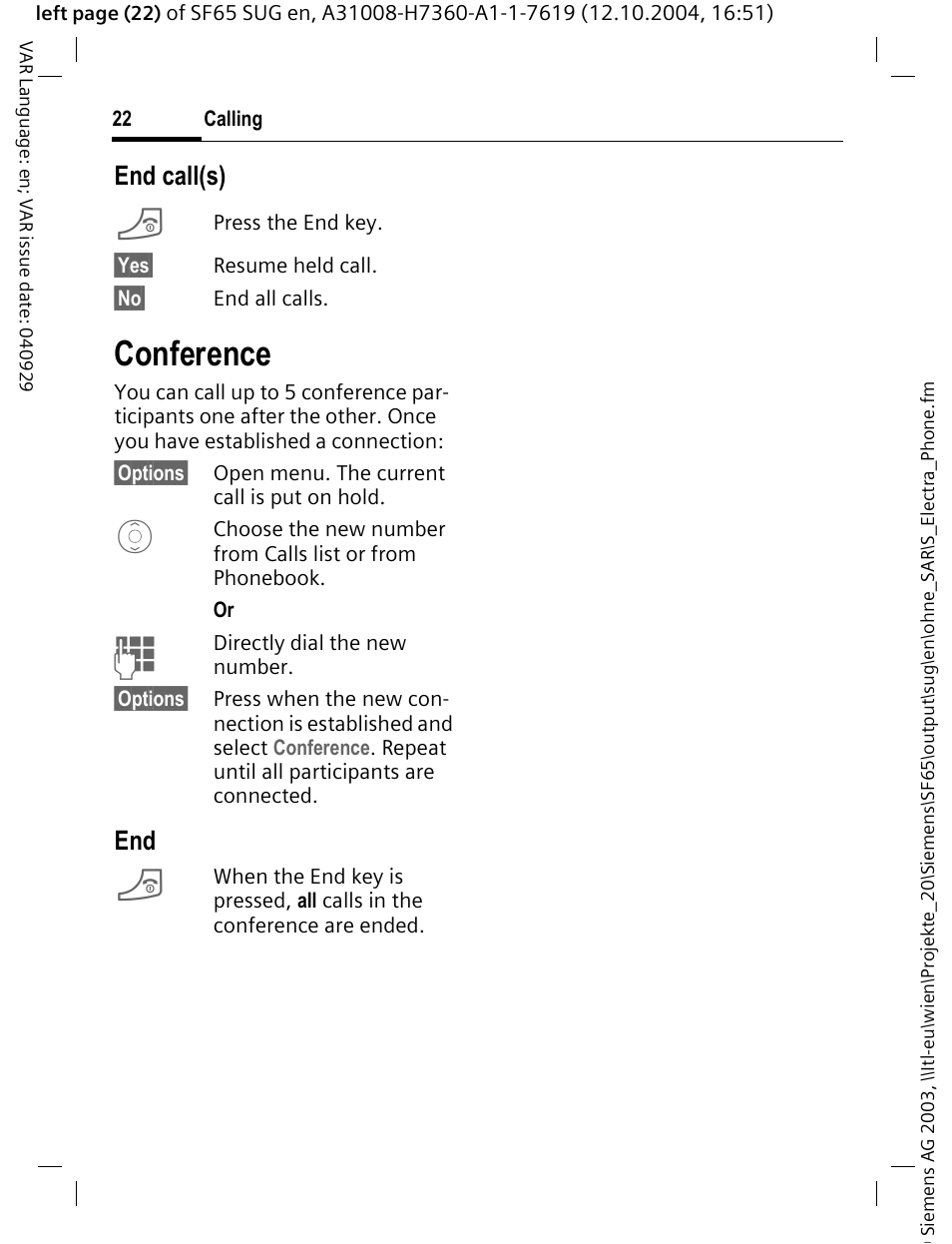 Conference, End call(s) | Siemens SF65 User Manual | Page 23 / 71