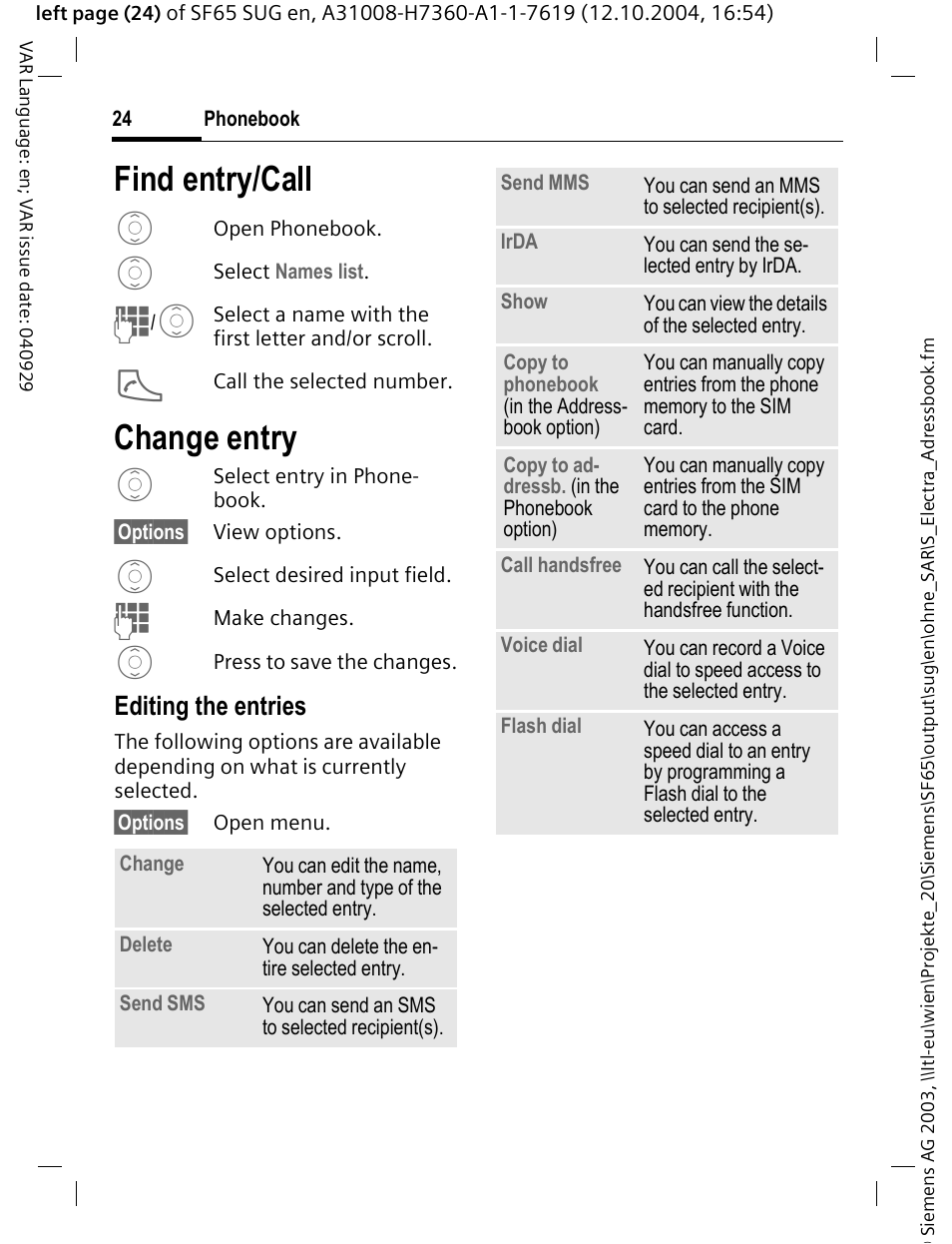 Find entry/call, Change entry, Editing the entries | Siemens SF65 User Manual | Page 25 / 71