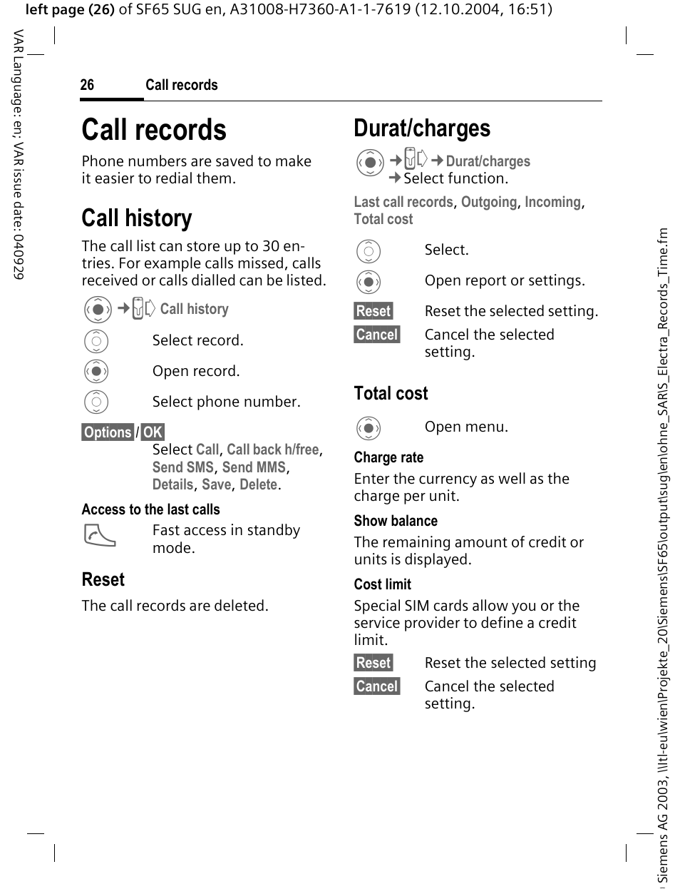 Call records, Call history, Durat/charges | Siemens SF65 User Manual | Page 27 / 71