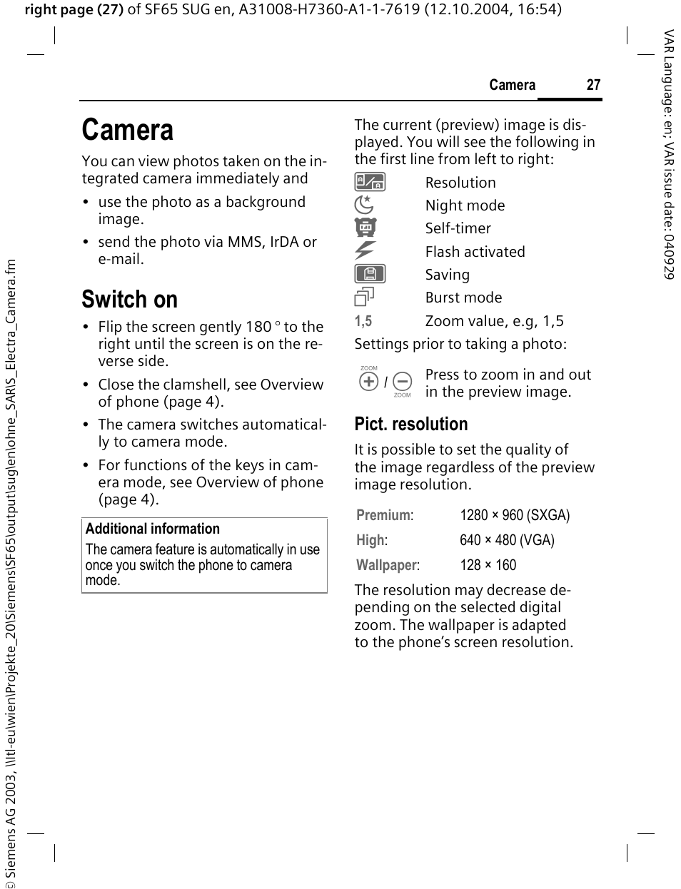 Camera, Switch on, Pict. resolution | Siemens SF65 User Manual | Page 28 / 71