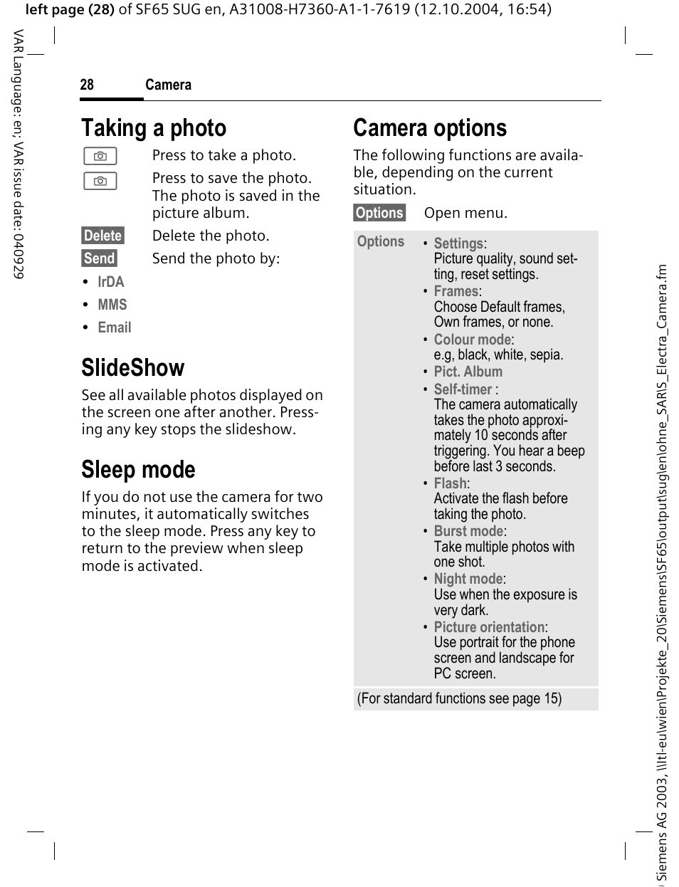 Taking a photo, Slideshow, Camera options | Sleep mode | Siemens SF65 User Manual | Page 29 / 71