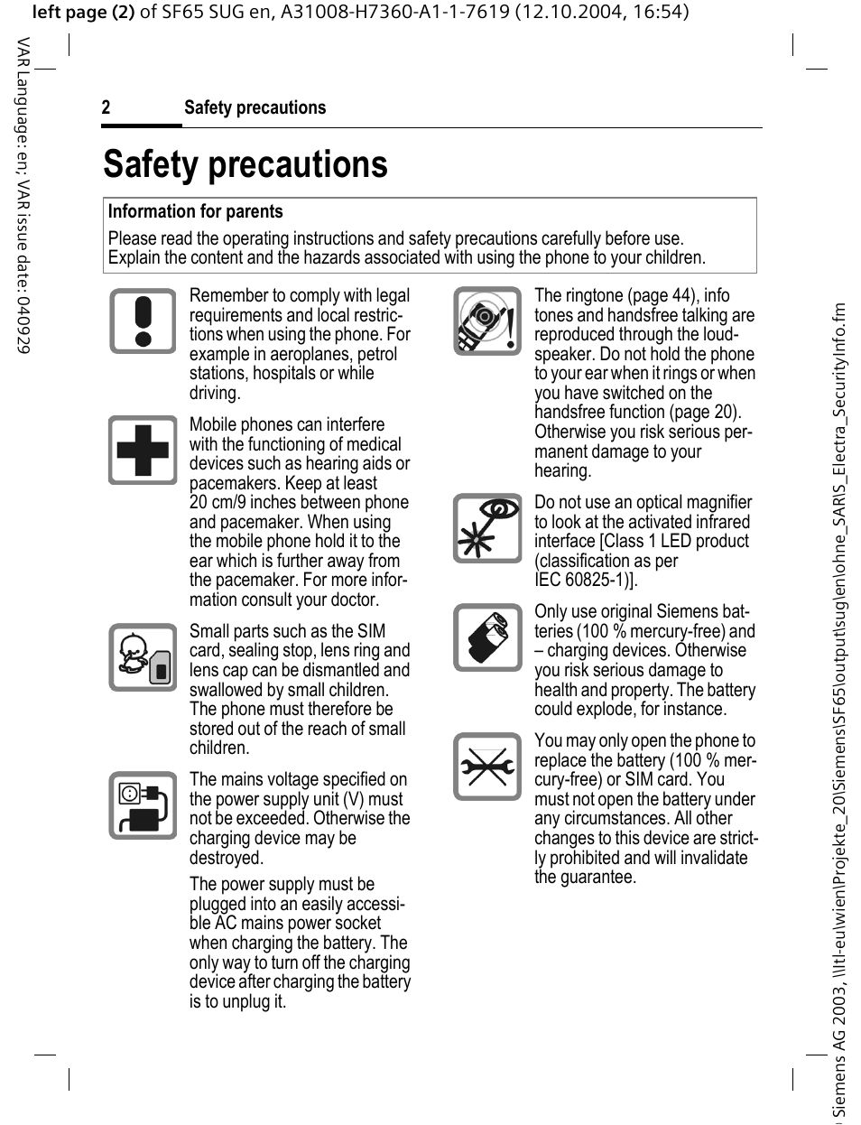 Safety precautions | Siemens SF65 User Manual | Page 3 / 71