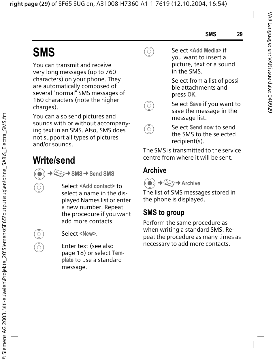 Write/send | Siemens SF65 User Manual | Page 30 / 71