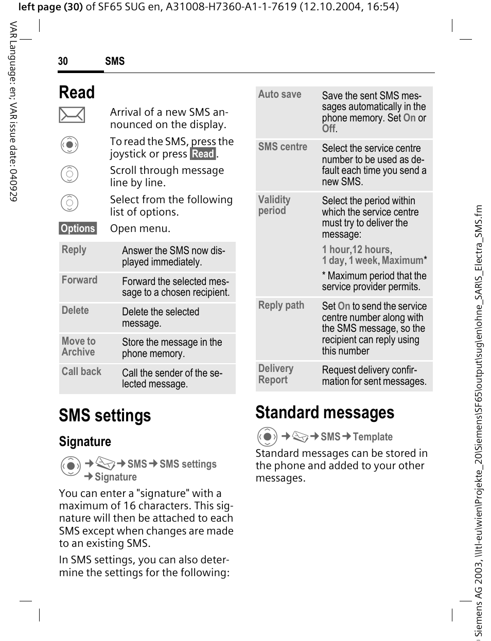 Read, Sms settings, Standard messages | Signature | Siemens SF65 User Manual | Page 31 / 71