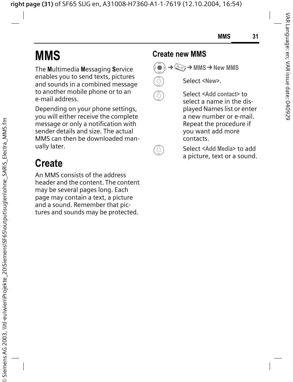 Create, Create new mms | Siemens SF65 User Manual | Page 32 / 71