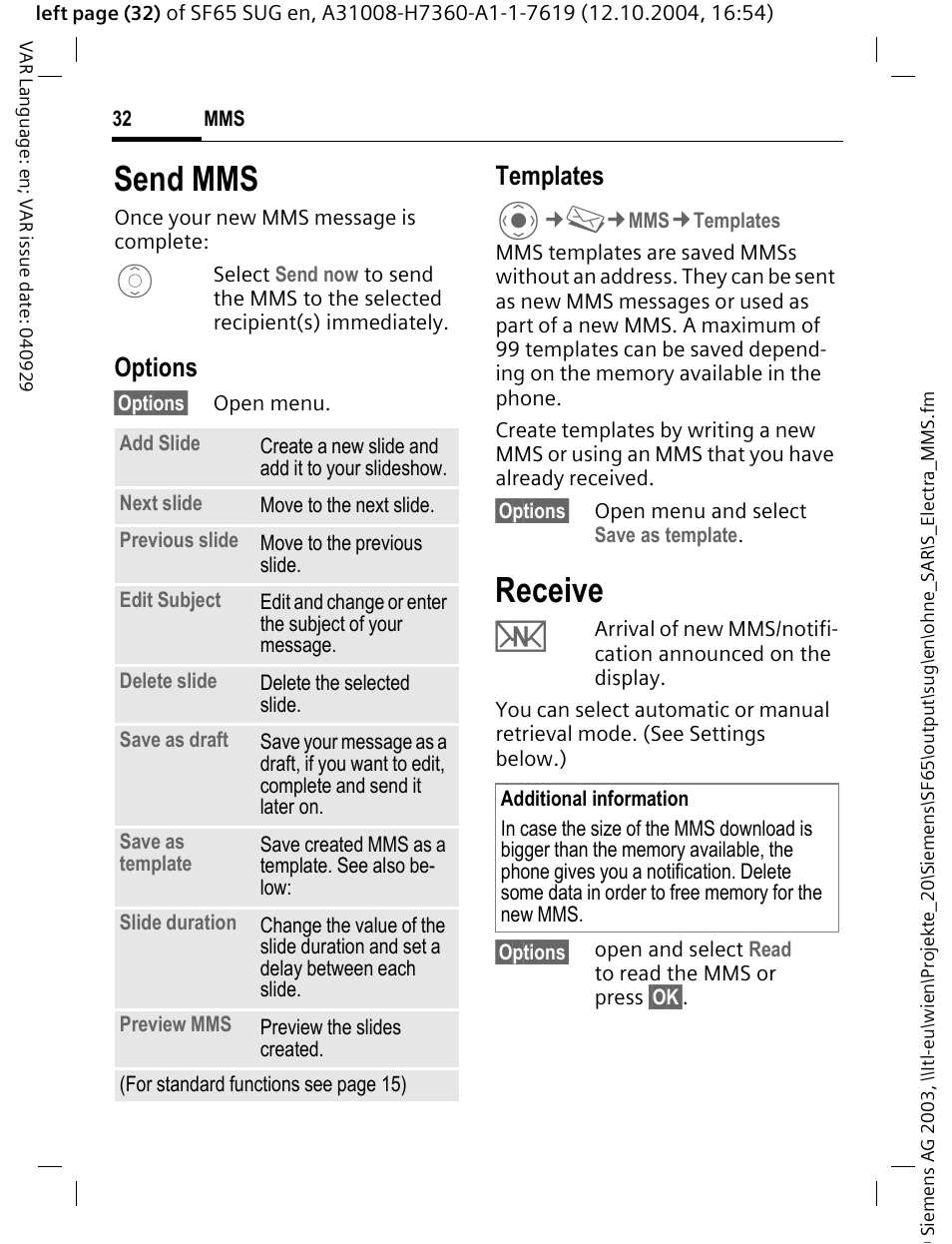 Receive, Send mms, Options | Templates | Siemens SF65 User Manual | Page 33 / 71