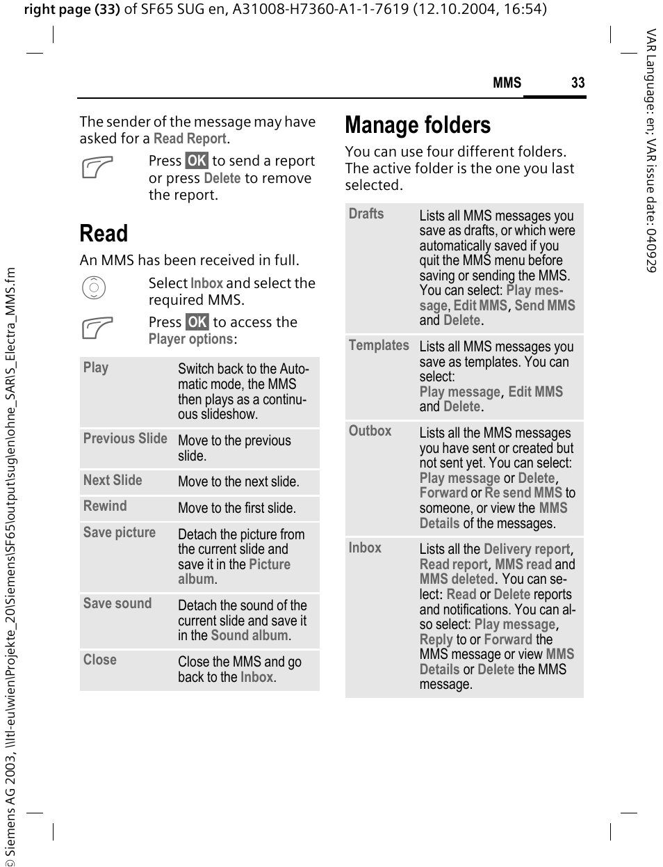 Read, Manage folders | Siemens SF65 User Manual | Page 34 / 71