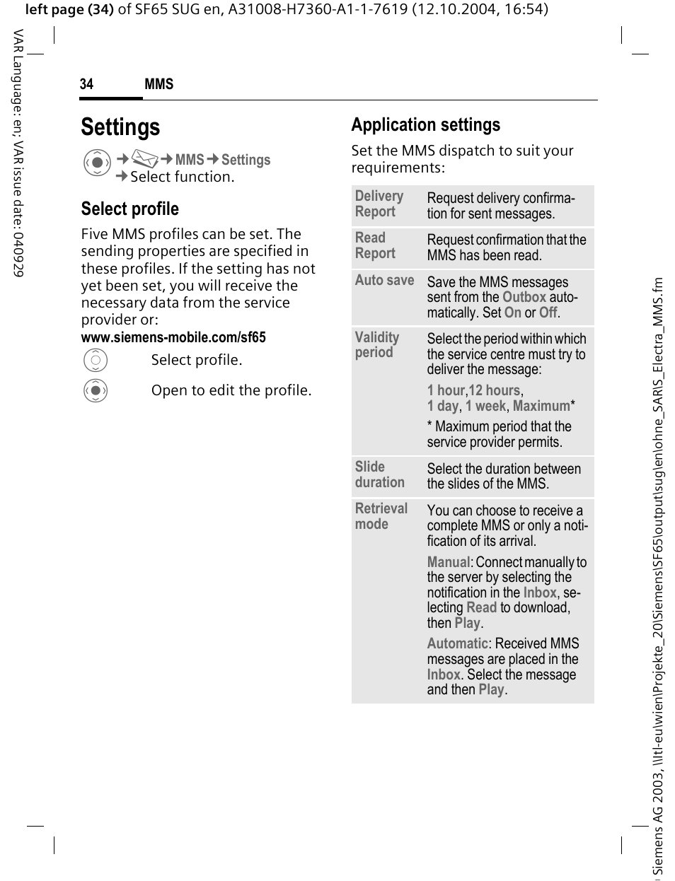 Settings, Select profile, Application settings | Siemens SF65 User Manual | Page 35 / 71