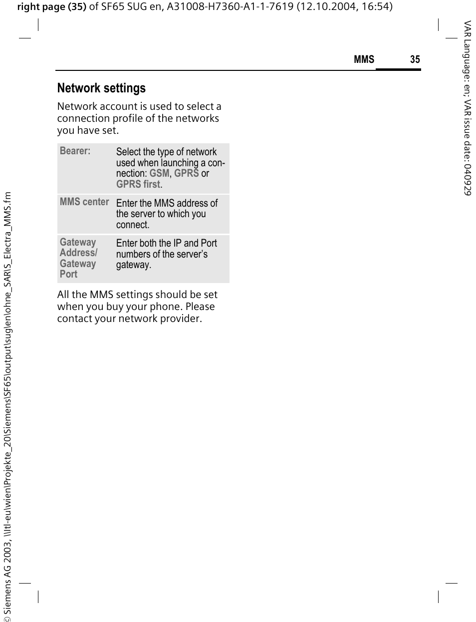 Network settings | Siemens SF65 User Manual | Page 36 / 71