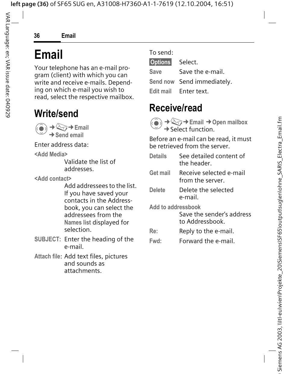 Email, Write/send, Receive/read | Siemens SF65 User Manual | Page 37 / 71