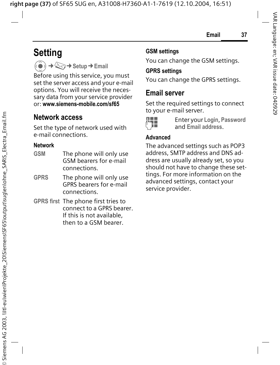 Setting, Network access, Email server | Siemens SF65 User Manual | Page 38 / 71