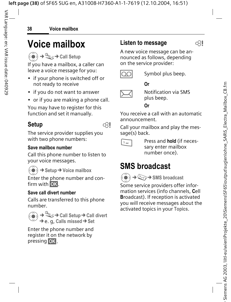 Voice mailbox, Sms broadcast, Voice mailbox c | Siemens SF65 User Manual | Page 39 / 71