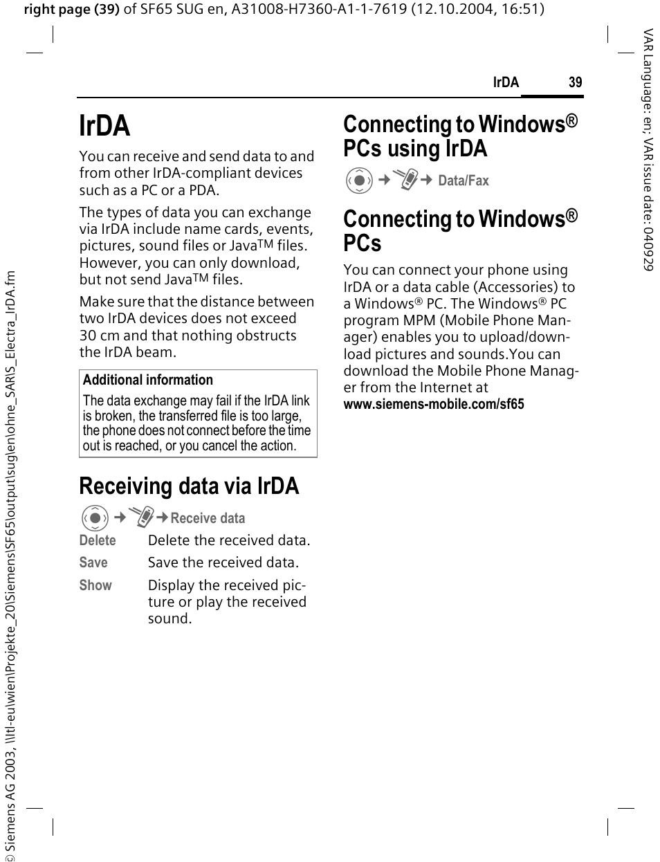 Irda, Receiving data via irda, Connecting to windows® pcs using irda | Connecting to windows, Pcs using irda | Siemens SF65 User Manual | Page 40 / 71