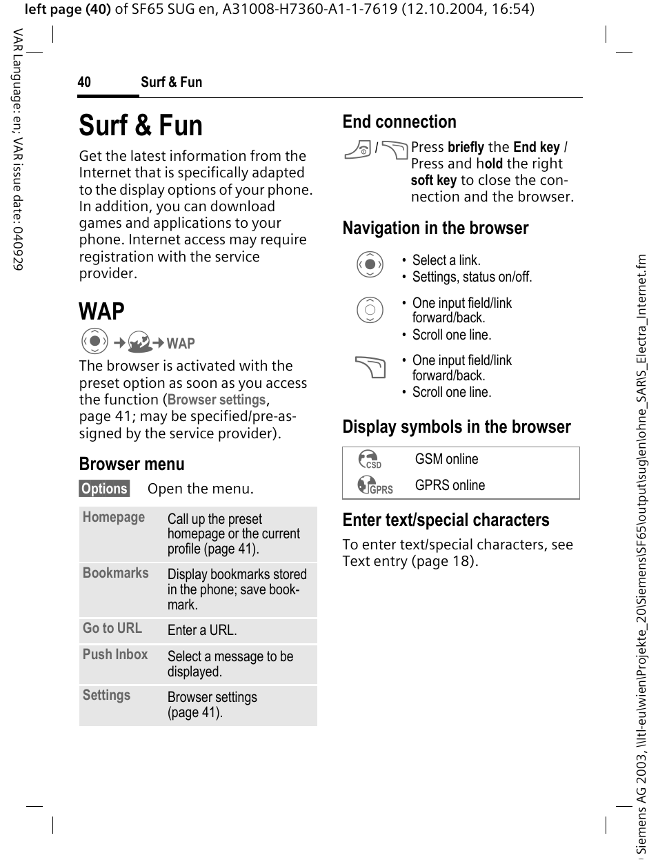 Surf & fun | Siemens SF65 User Manual | Page 41 / 71