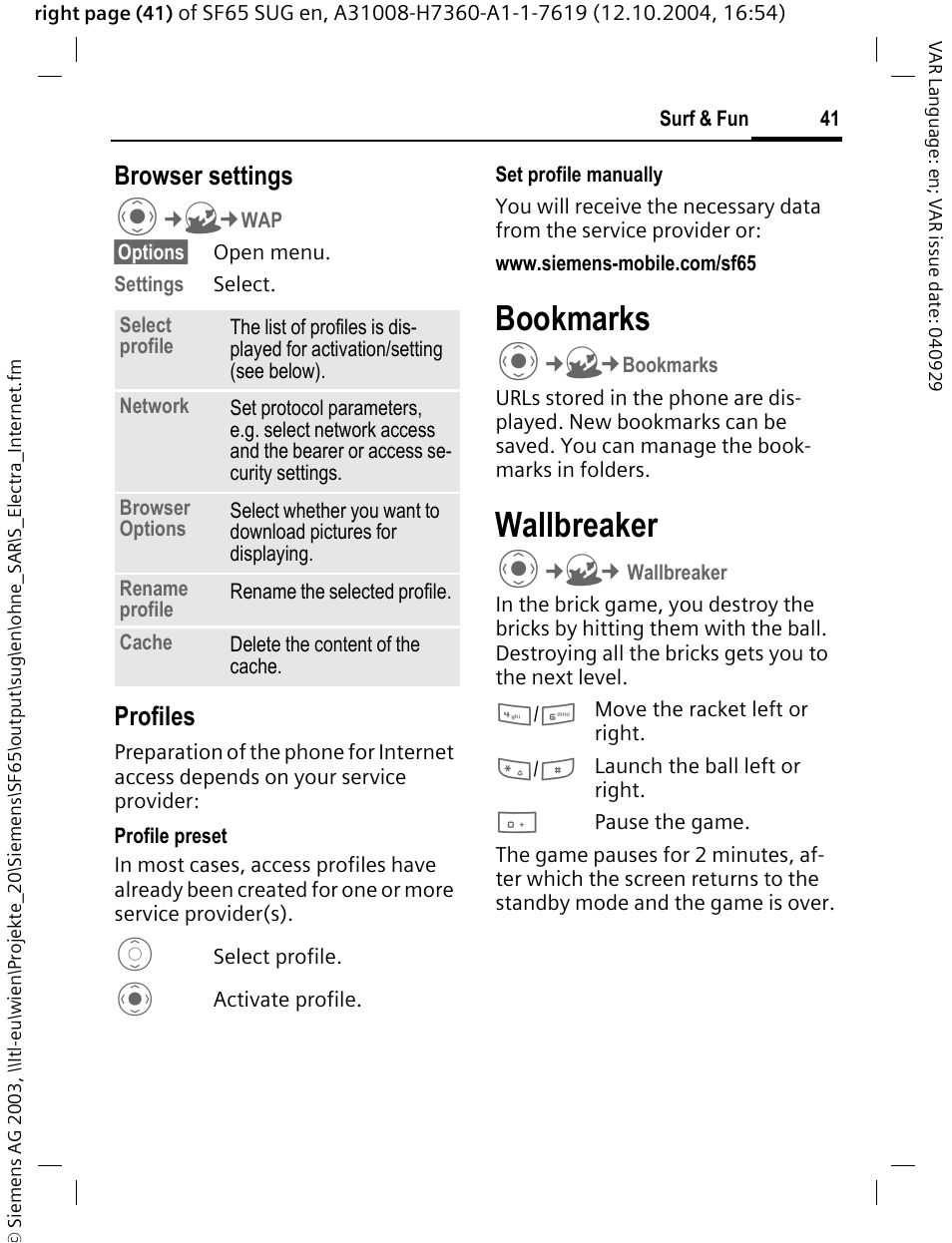 Bookmarks, Wallbreaker, Nction | Browser settings | Siemens SF65 User Manual | Page 42 / 71