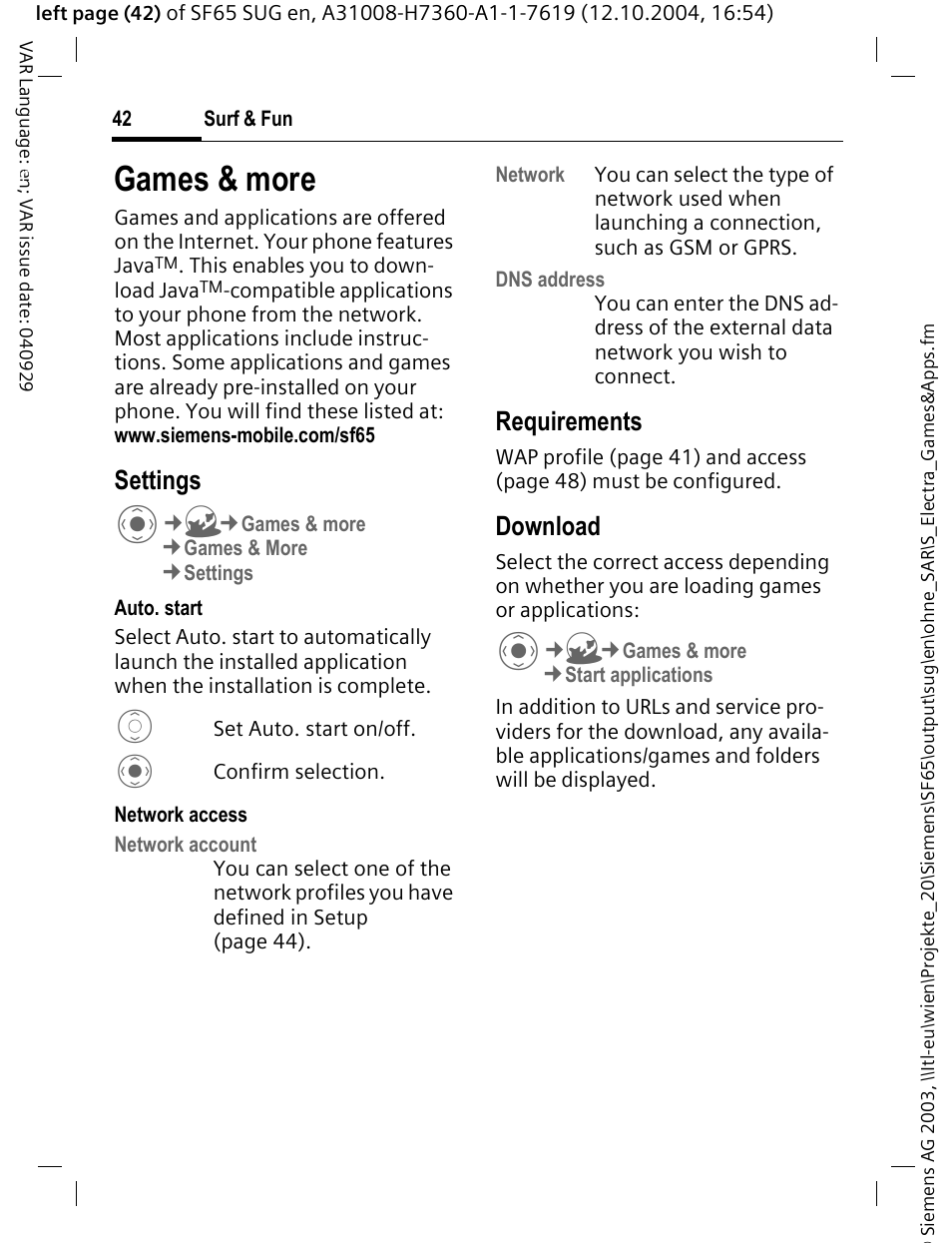 Games & more, Settings, Requirements | Download | Siemens SF65 User Manual | Page 43 / 71