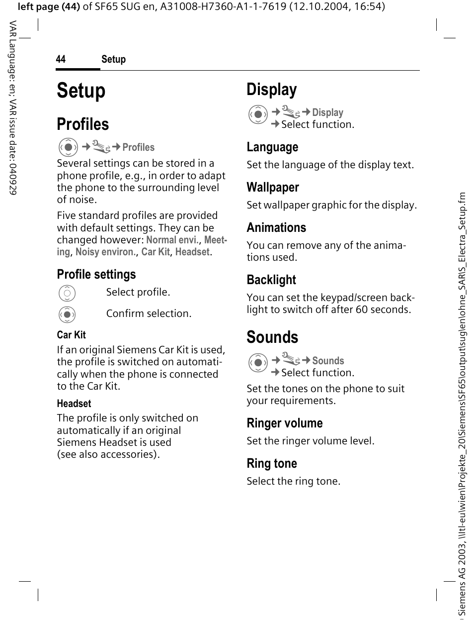 Setup, Profiles, Display | Sounds | Siemens SF65 User Manual | Page 45 / 71