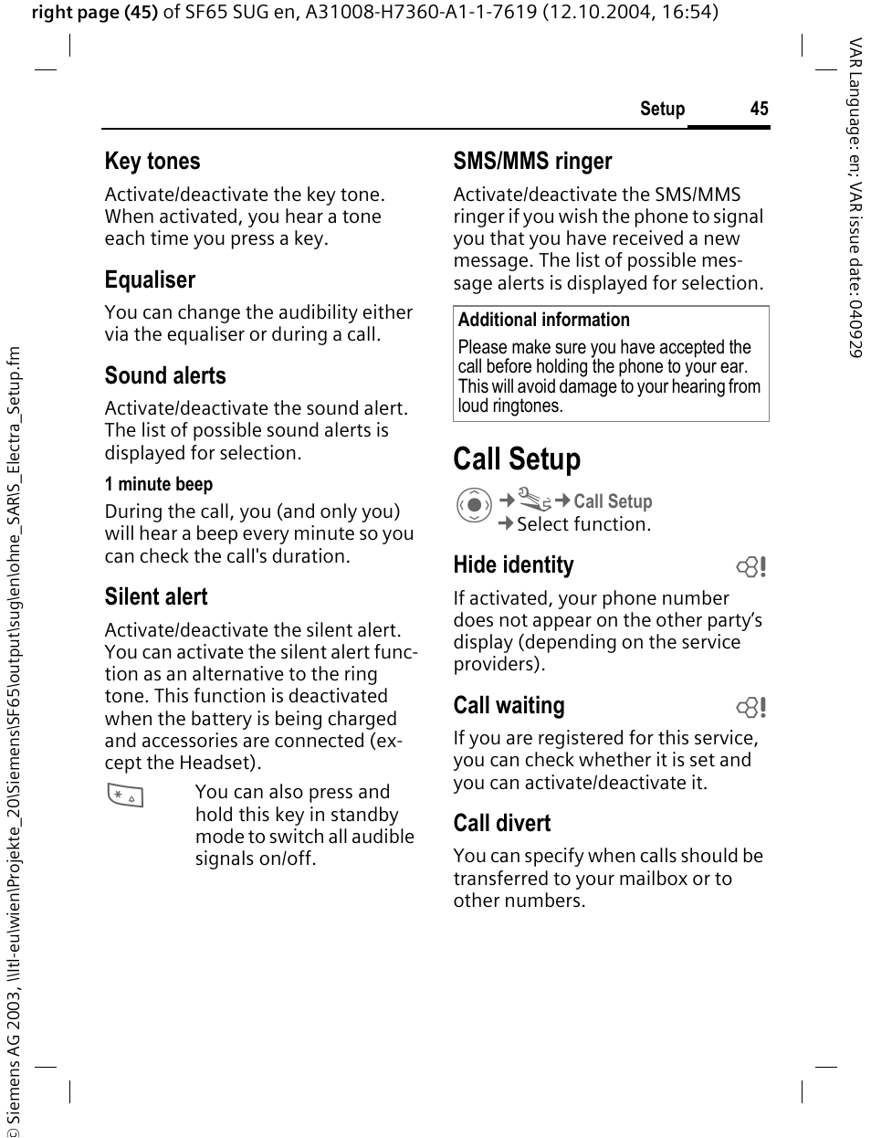 Call setup, Key tones, Equaliser | Sound alerts, Silent alert, Sms/mms ringer, Hide identity b, Call waiting b, Call divert | Siemens SF65 User Manual | Page 46 / 71