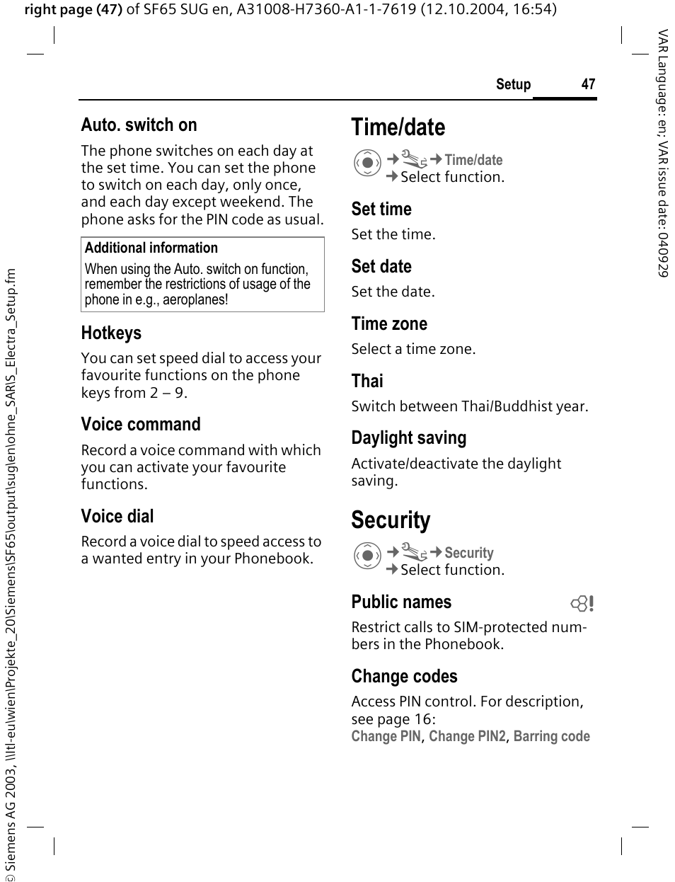 Time/date, Security, Auto. switch on | Hotkeys, Voice command, Voice dial, Set time, Set date, Time zone, Thai | Siemens SF65 User Manual | Page 48 / 71