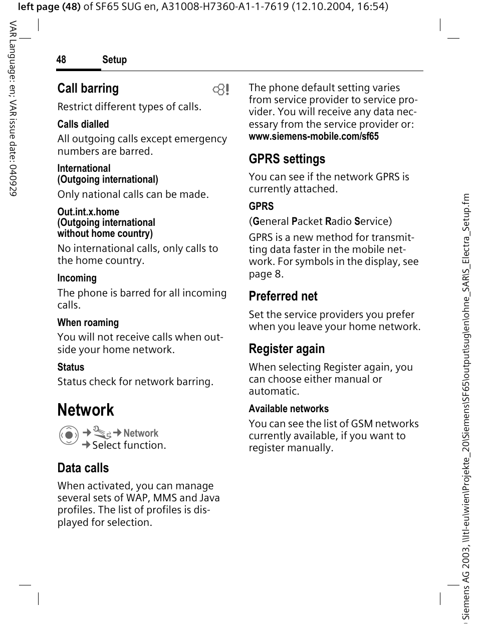 Network, Call barring b, Data calls | Gprs settings, Preferred net, Register again | Siemens SF65 User Manual | Page 49 / 71