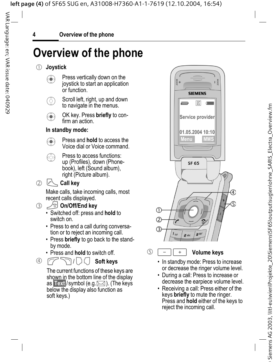 Overview of the phone | Siemens SF65 User Manual | Page 5 / 71