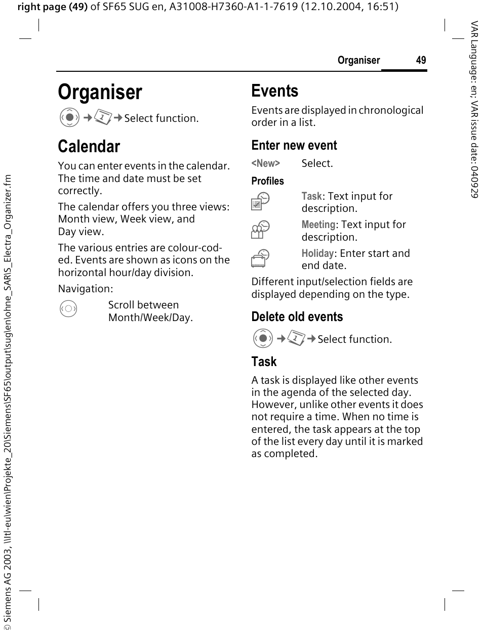 Organiser, Calendar, Events | Organiser c | Siemens SF65 User Manual | Page 50 / 71