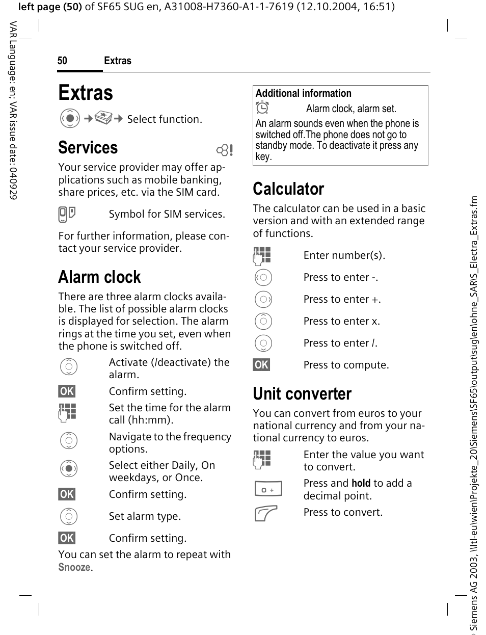 Extras, Services b, Alarm clock | Calculator, Unit converter, Extras c, Services | Siemens SF65 User Manual | Page 51 / 71