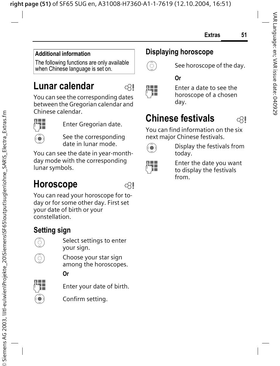 Lunar calendar b, Horoscope b, Chinese festivals b | Lunar calendar, Horoscope, Chinese festivals | Siemens SF65 User Manual | Page 52 / 71