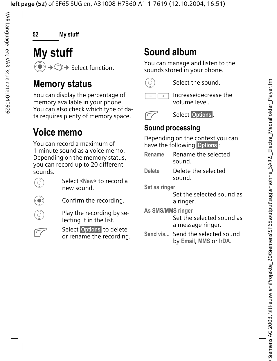 My stuff, Memory status, Voice memo | Sound album, My stuff c, Sound processing | Siemens SF65 User Manual | Page 53 / 71