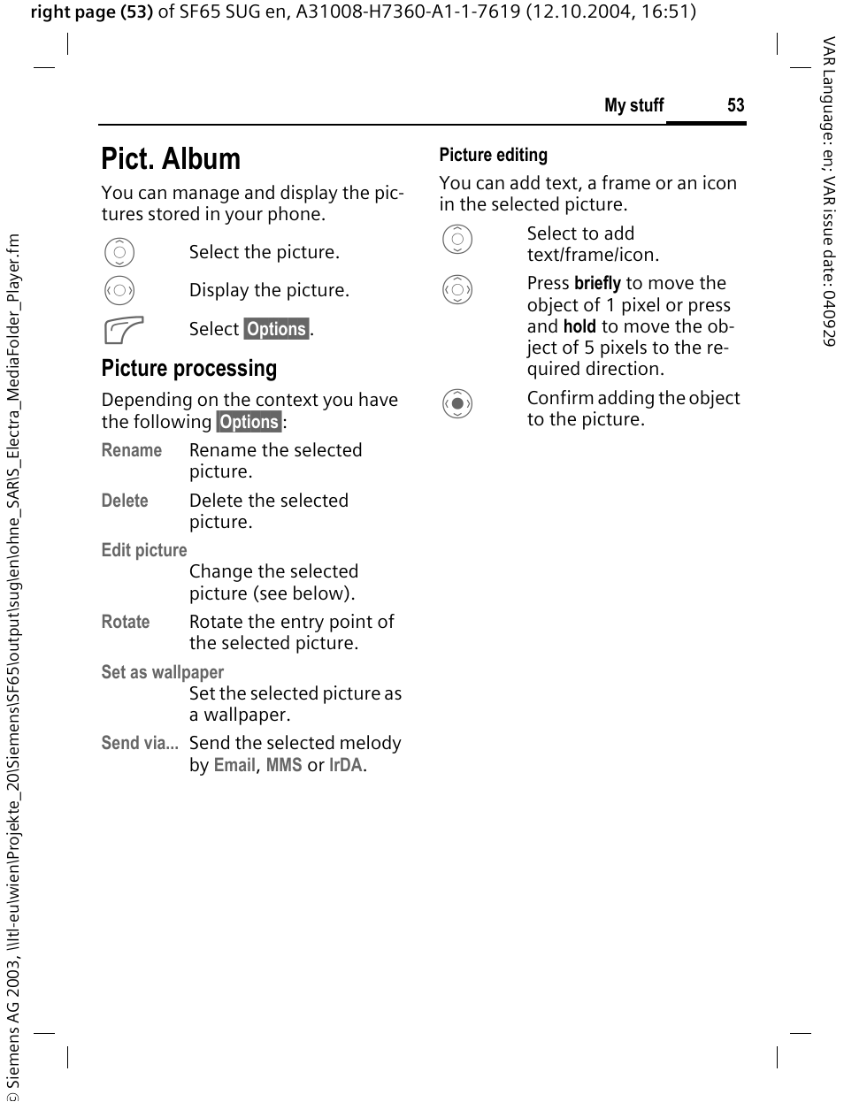 Pict. album, Picture processing | Siemens SF65 User Manual | Page 54 / 71