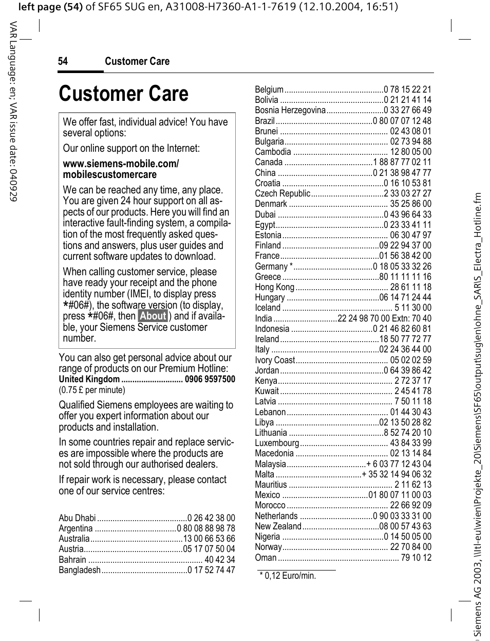 Customer care | Siemens SF65 User Manual | Page 55 / 71