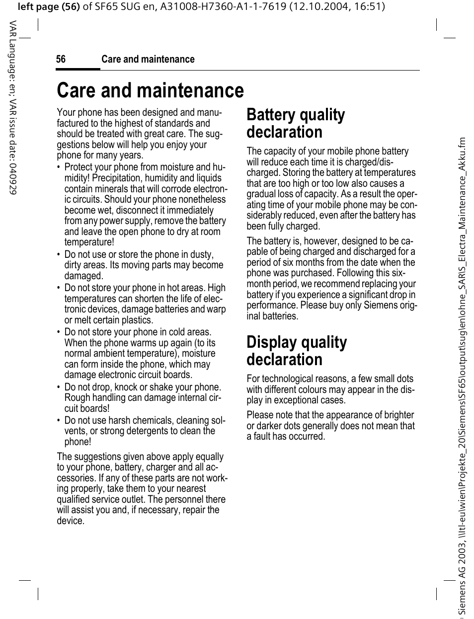 Care and maintenance, Battery quality declaration, Display quality declaration | Battery quality declaration, Display quality declaration | Siemens SF65 User Manual | Page 57 / 71