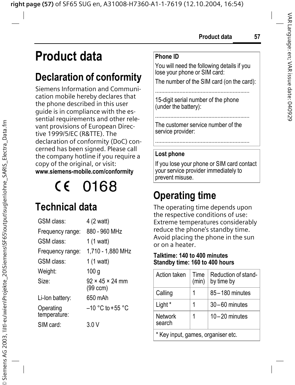 Product data, Declaration of conformity, Technical data operating time | Siemens SF65 User Manual | Page 58 / 71