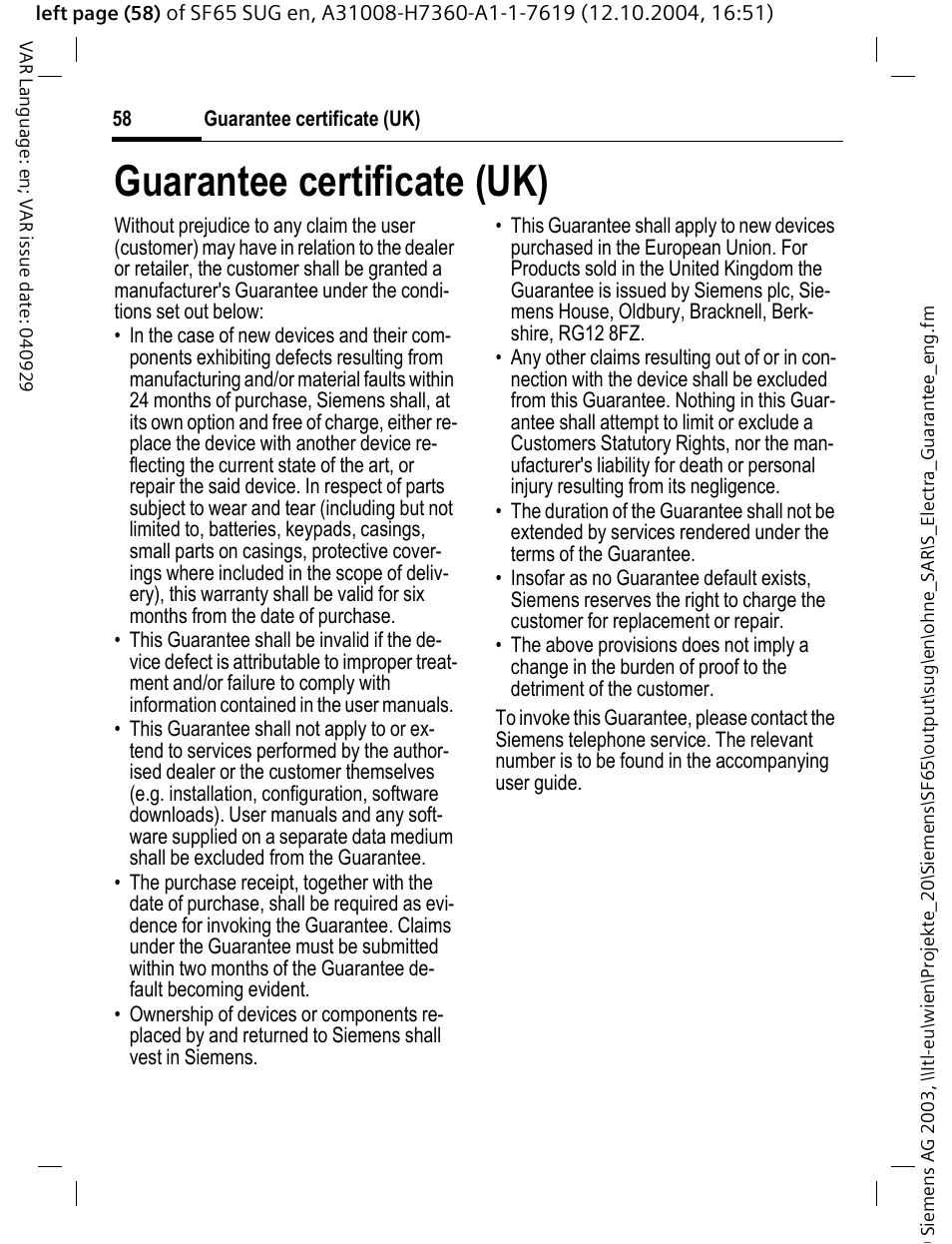 Guarantee certificate (uk) | Siemens SF65 User Manual | Page 59 / 71