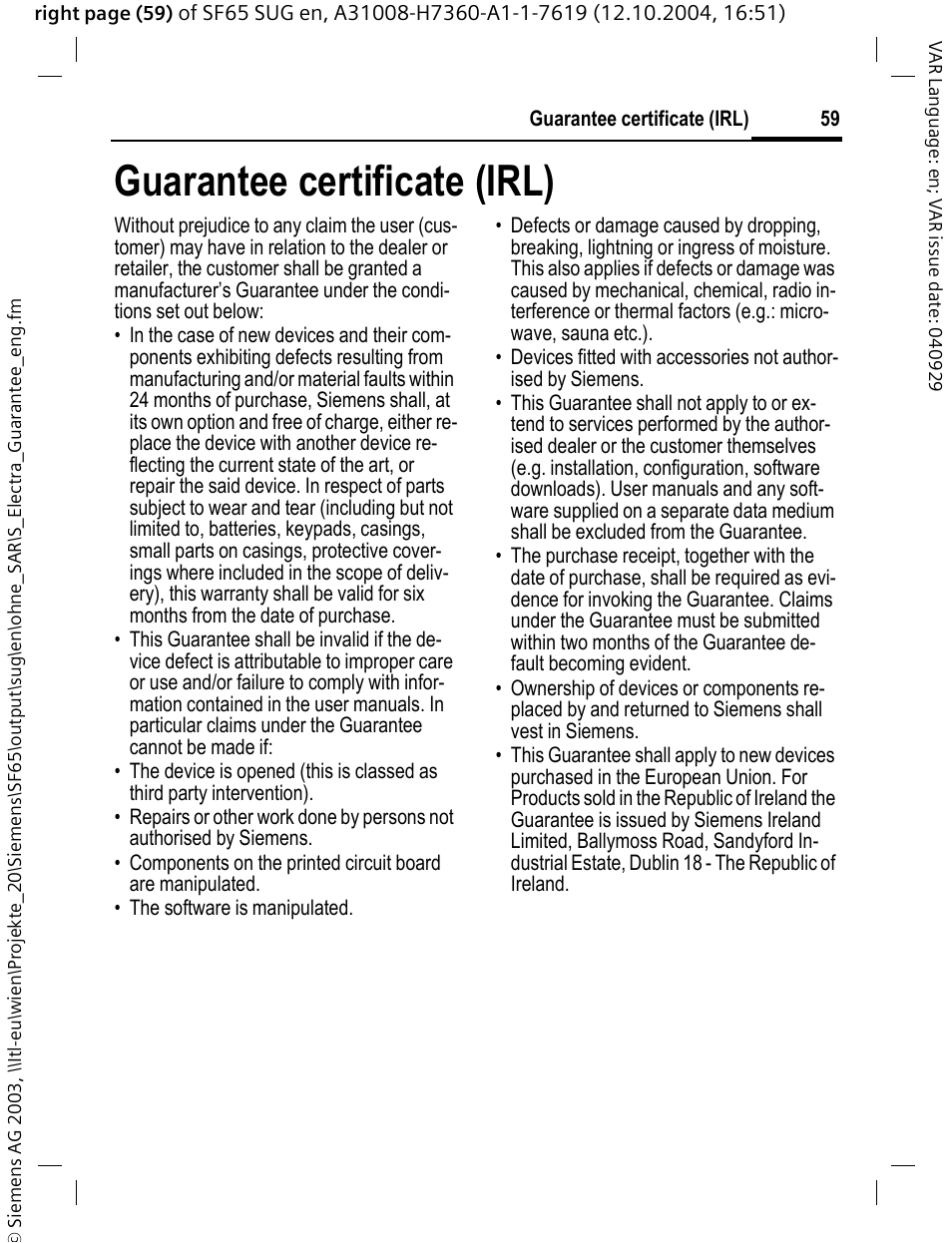 Guarantee certificate (irl) | Siemens SF65 User Manual | Page 60 / 71