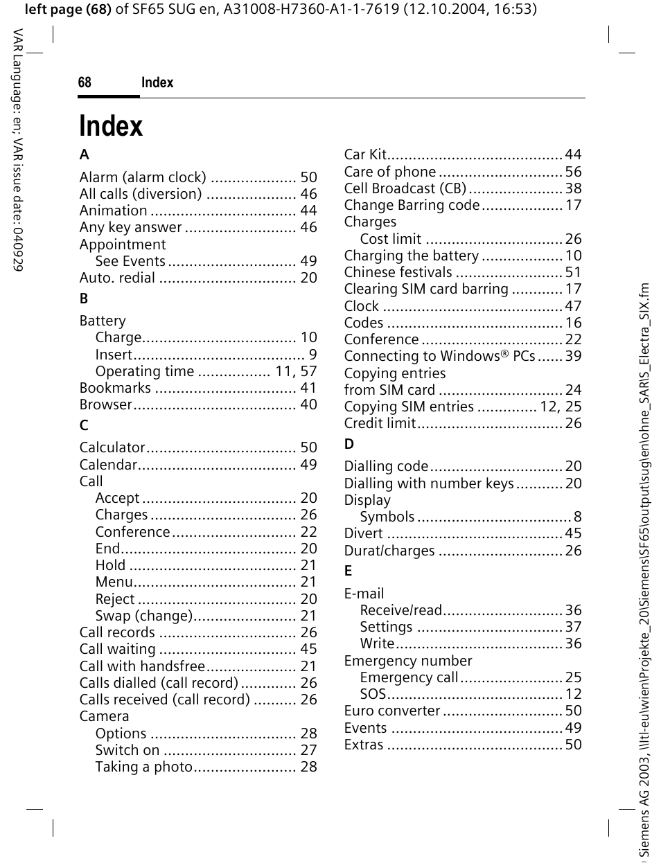 Index | Siemens SF65 User Manual | Page 69 / 71