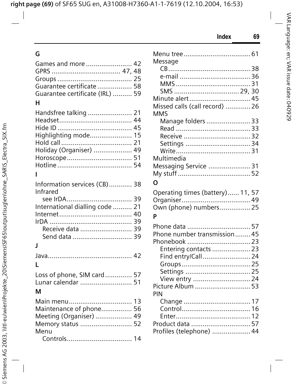 Siemens SF65 User Manual | Page 70 / 71