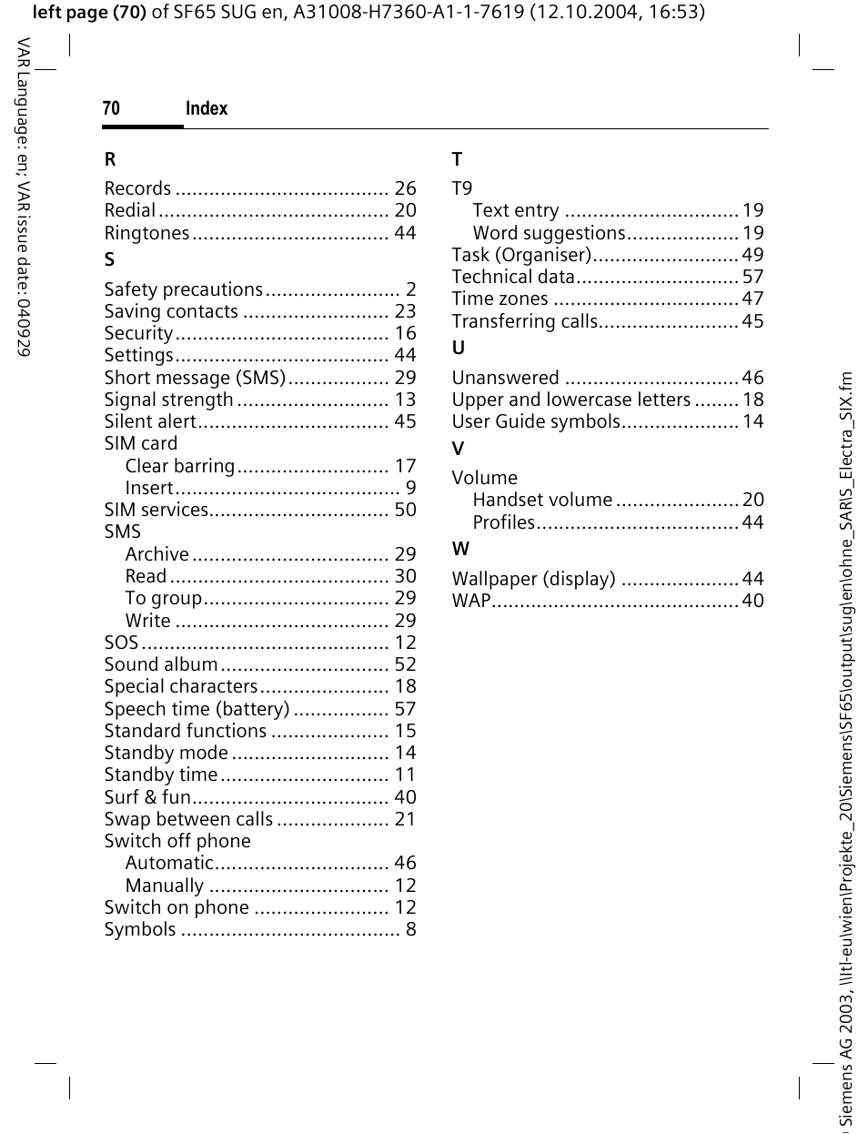Siemens SF65 User Manual | Page 71 / 71