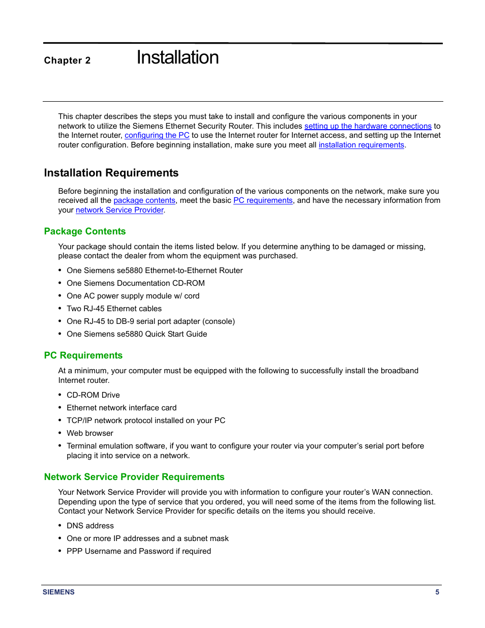 Chapter 2 installation, Installation requirements, Package contents | Pc requirements, Network service provider requirements, Installation | Siemens se5880 User Manual | Page 11 / 86