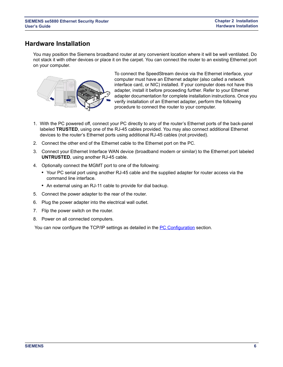 Hardware installation, Setting up the hardware connections | Siemens se5880 User Manual | Page 12 / 86