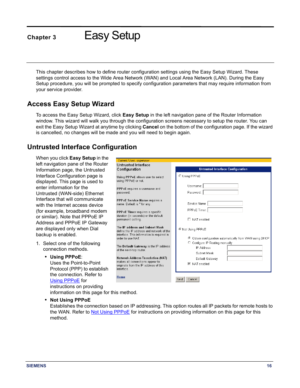 Chapter 3 easy setup, Access easy setup wizard, Untrusted interface configuration | Chapter titled "easy setup, Easy setup | Siemens se5880 User Manual | Page 22 / 86