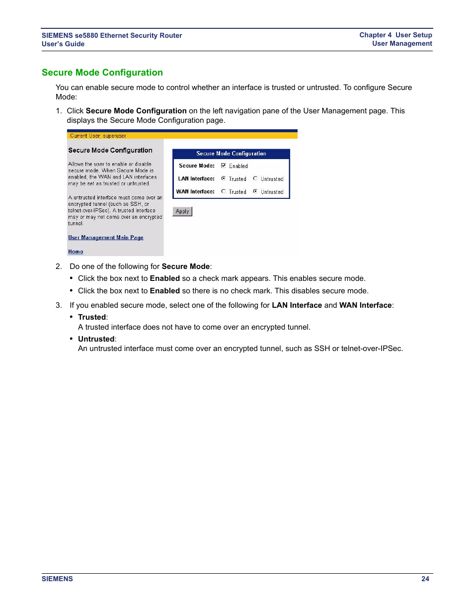 Secure mode configuration | Siemens se5880 User Manual | Page 30 / 86