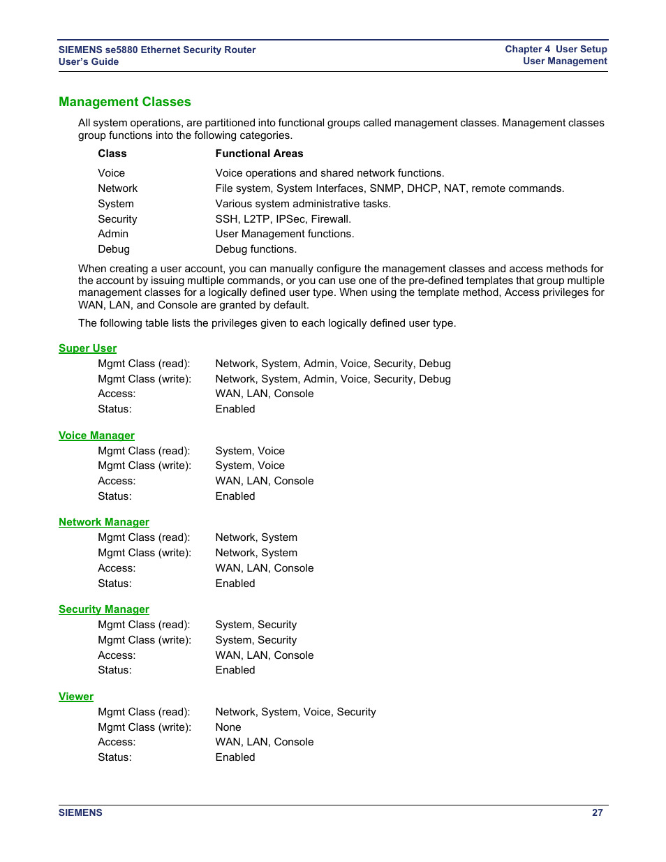 Management classes, Super user, Voice manager | Network manager, Security manager, Viewer | Siemens se5880 User Manual | Page 33 / 86