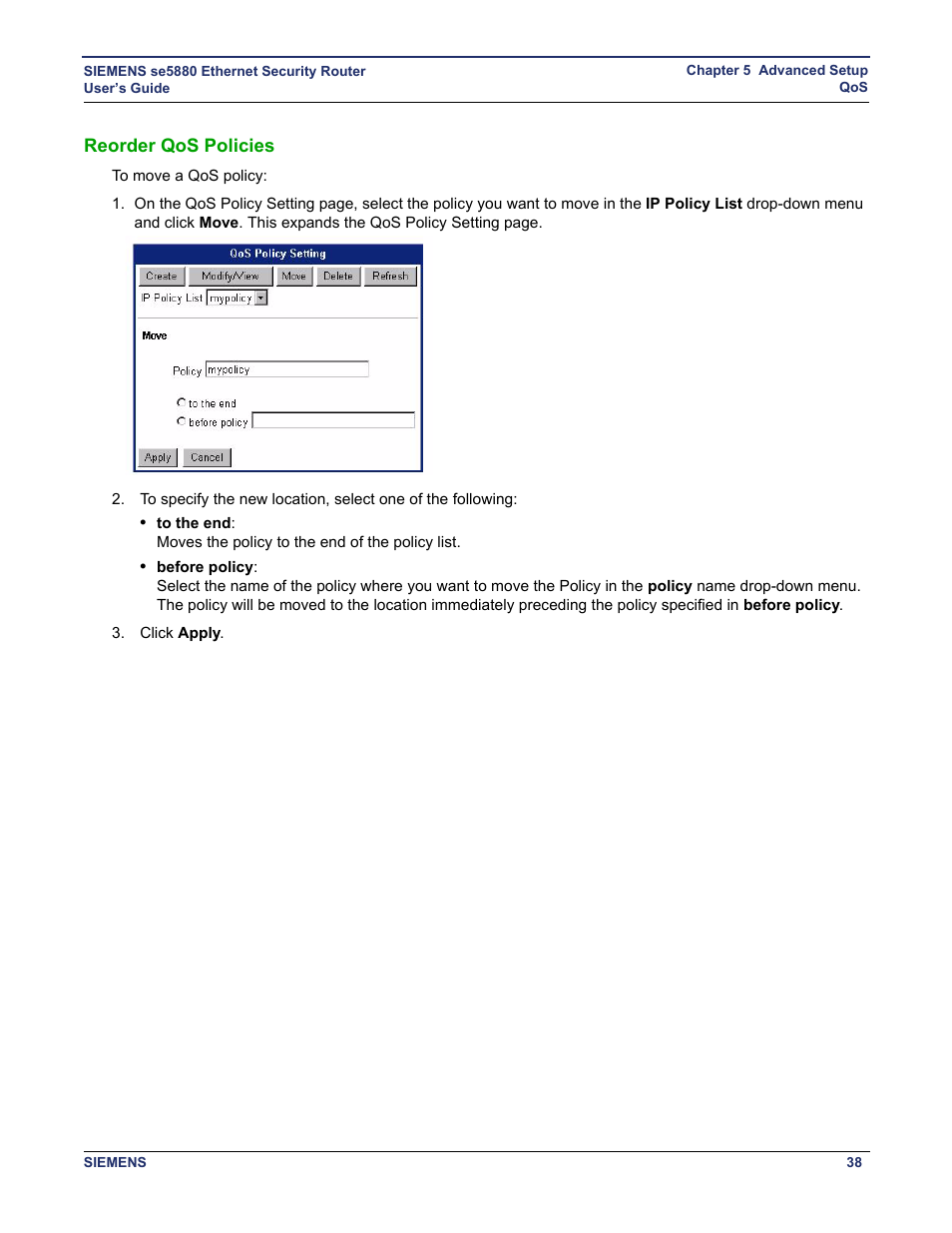 Reorder qos policies | Siemens se5880 User Manual | Page 44 / 86