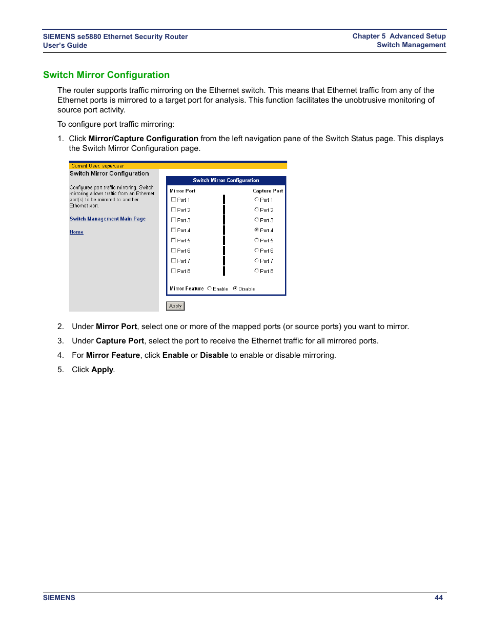 Switch mirror configuration | Siemens se5880 User Manual | Page 50 / 86