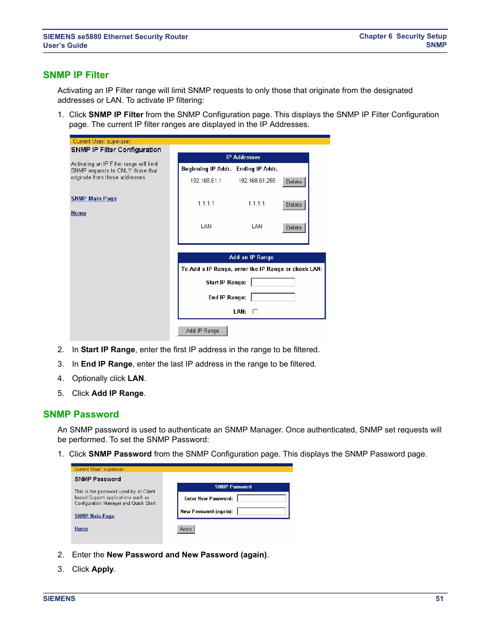 Snmp ip filter, Snmp password, Snmp ip filter snmp password | Siemens se5880 User Manual | Page 57 / 86