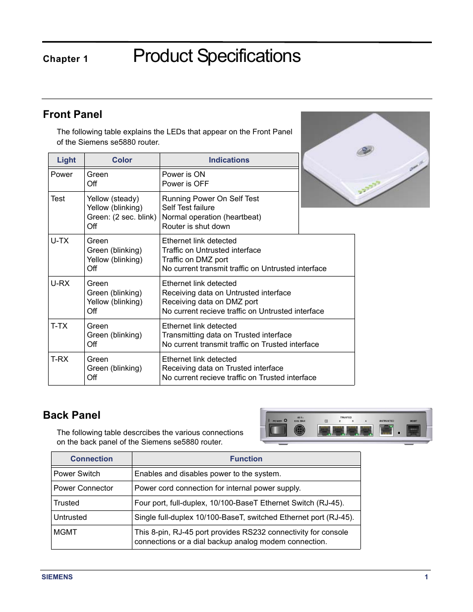 Chapter 1 product specifications, Front panel, Back panel | Front panel back panel, Product specifications | Siemens se5880 User Manual | Page 7 / 86