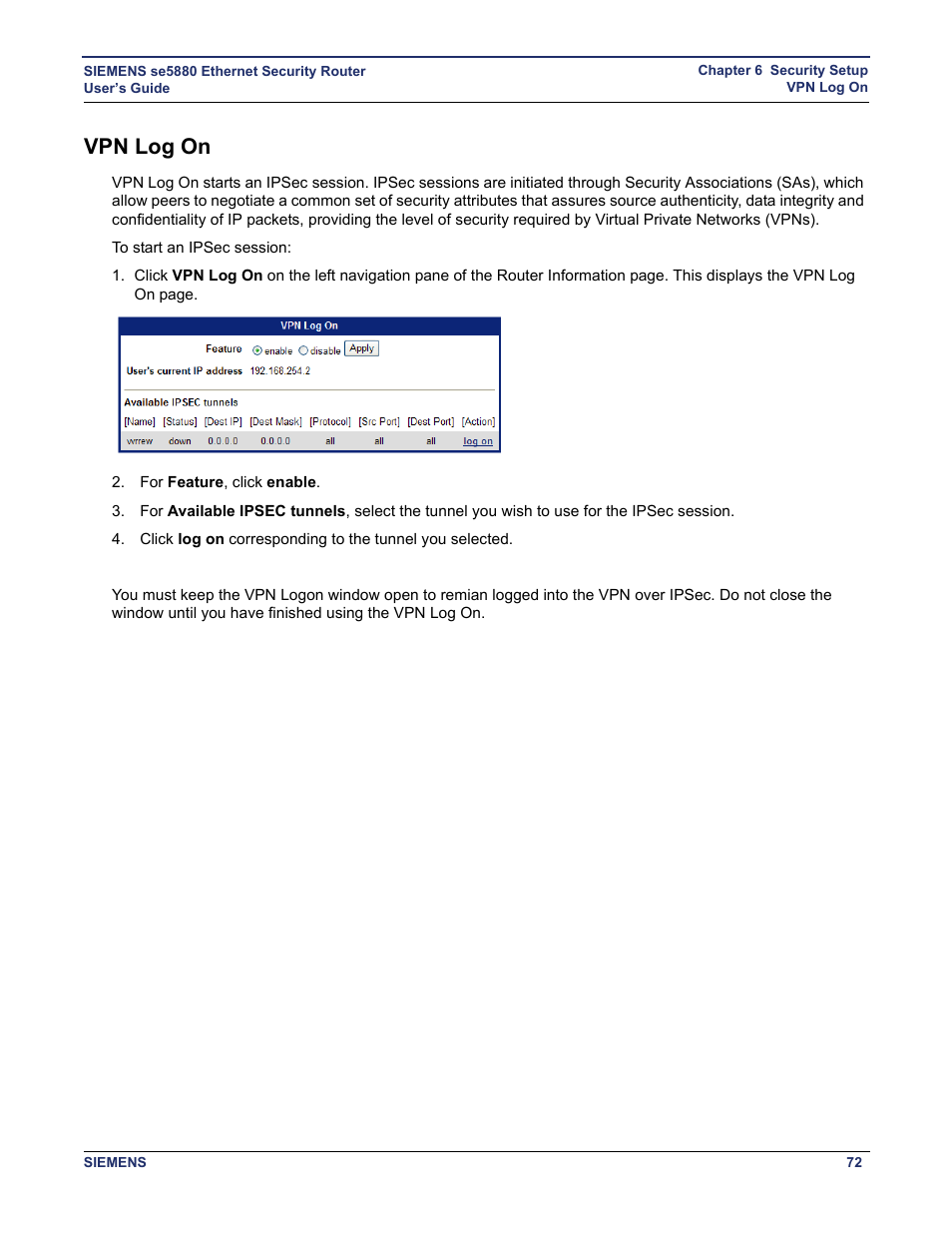 Vpn log on | Siemens se5880 User Manual | Page 78 / 86